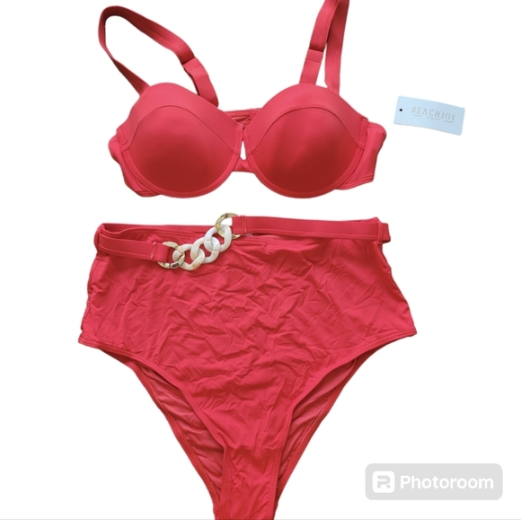 Beach Joy Red Gold Chain High Waist Bikini Set Size Large - Picture 2 of 6
